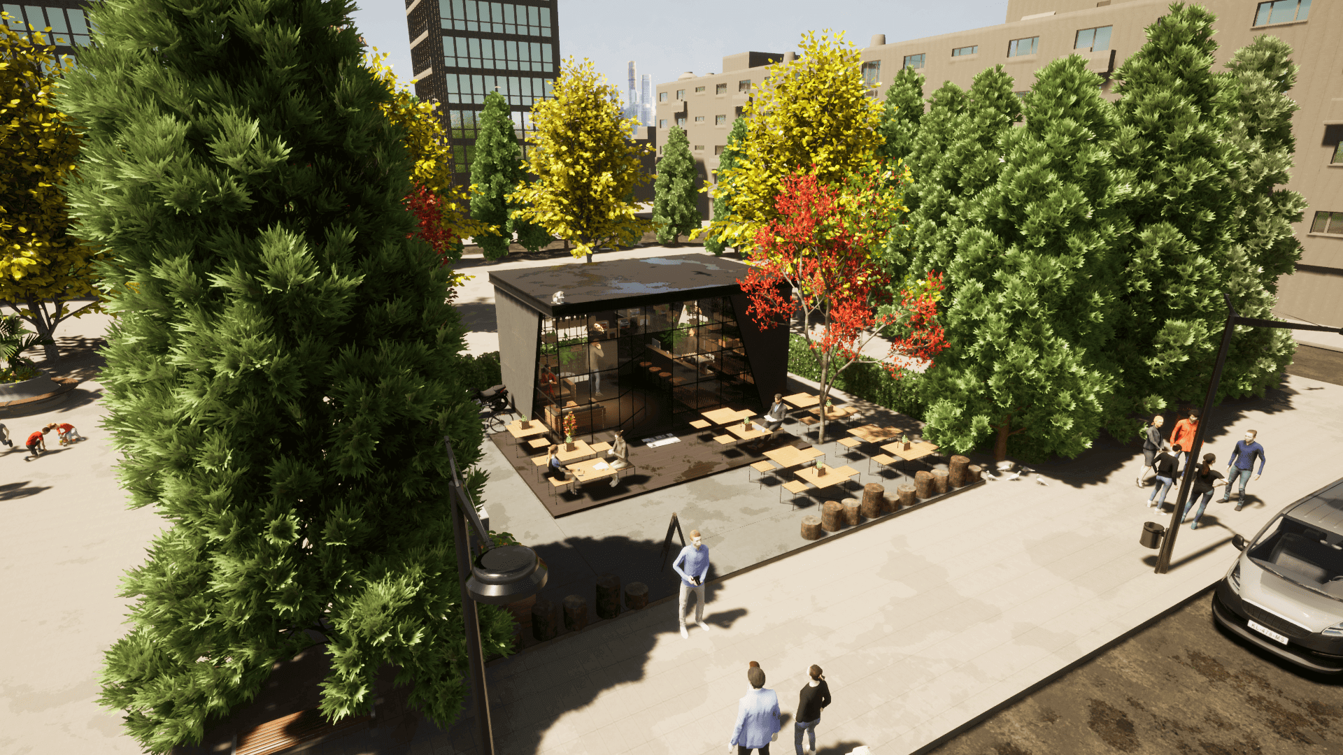 render aereo desde la calle de la cafeteria