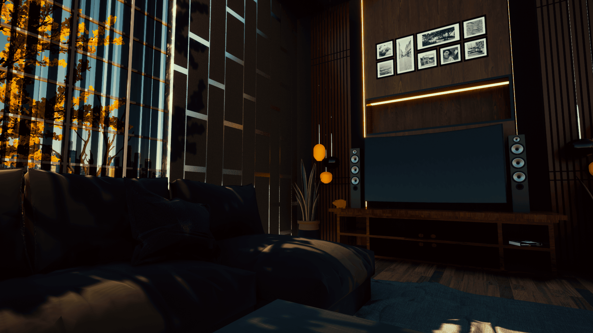 render de living televisor desde el sillon