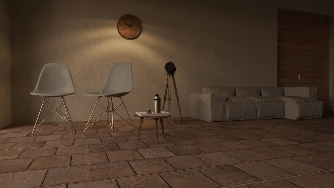 render de interior sillas y living