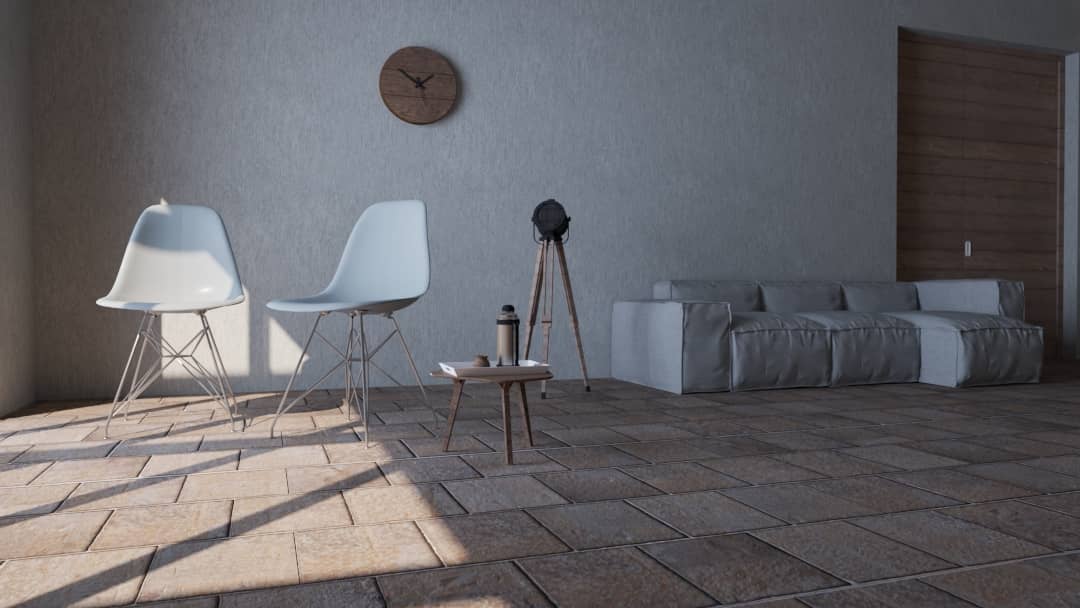 render de interior sillas y living de dia