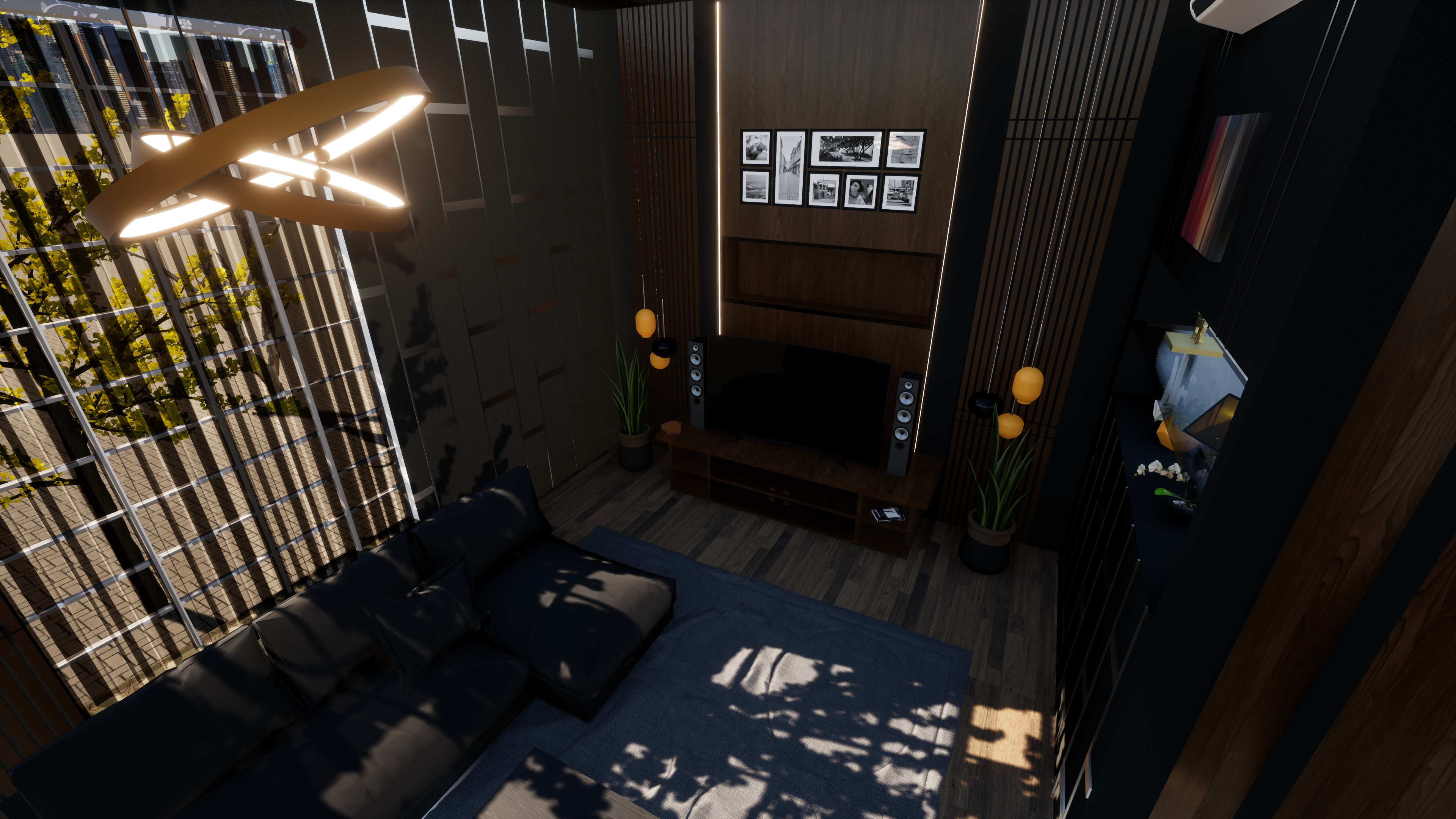 render de living televisor en altura