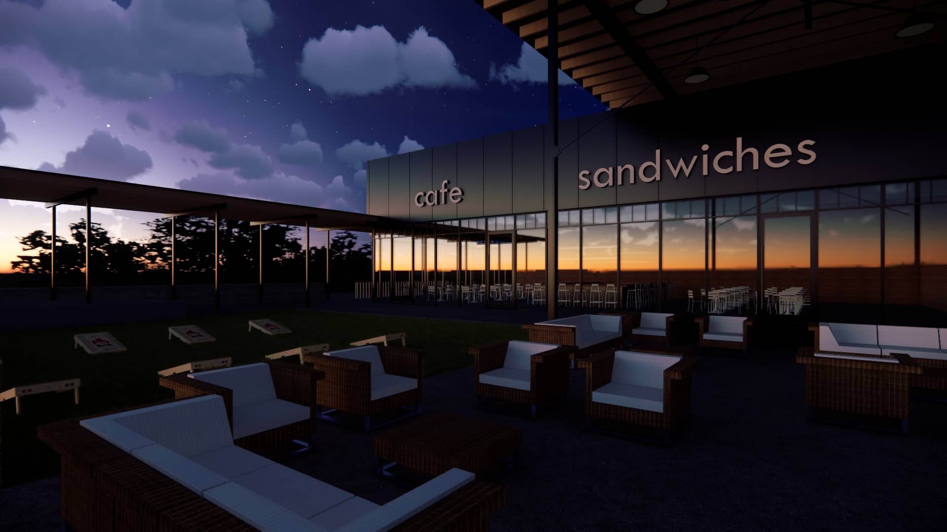 render atardecer de otra cafeteria autoservicio